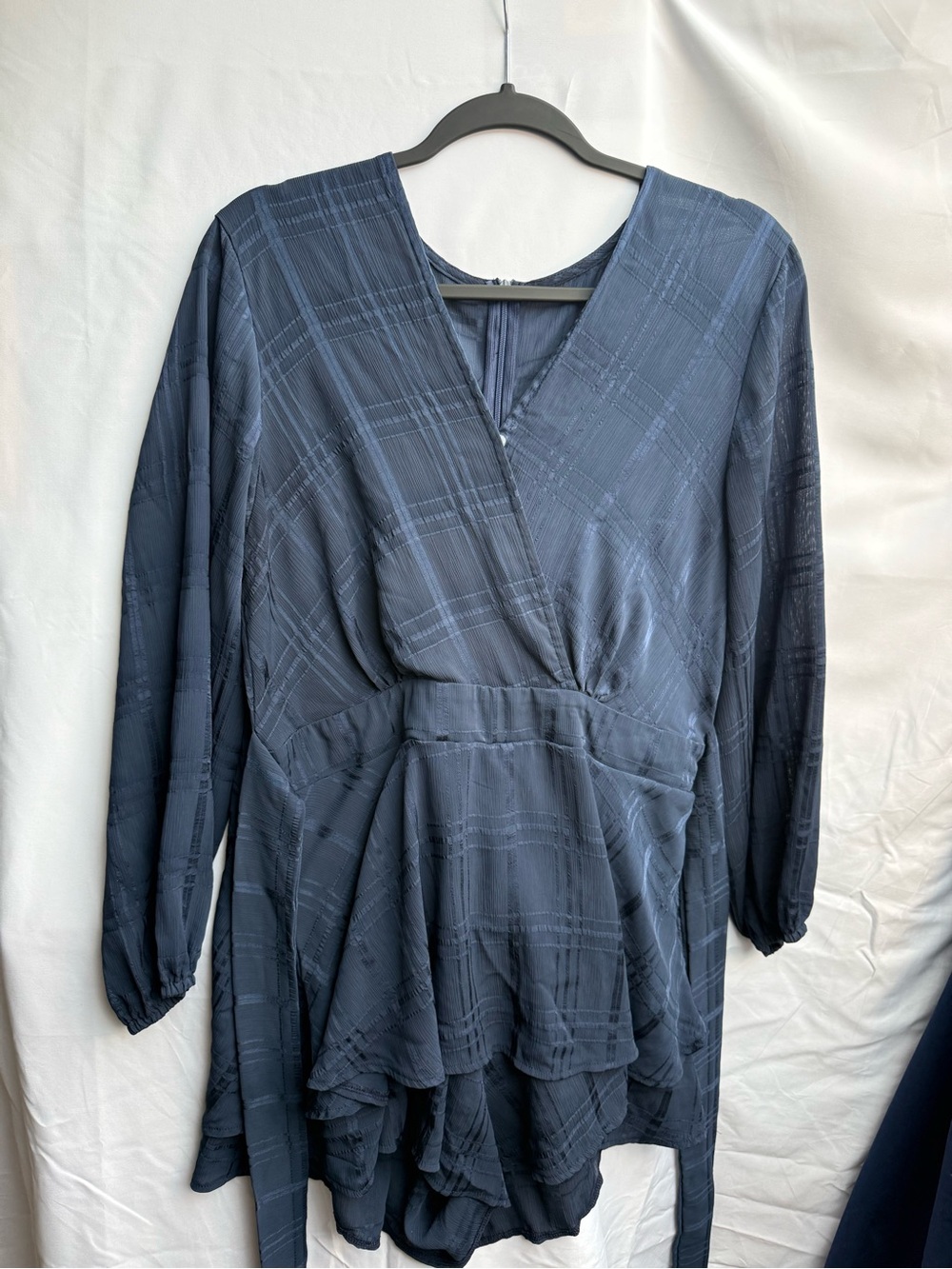 Women's Slate Blue Long-Sleeve V-Neck Tiered Jumpsuit Romper
